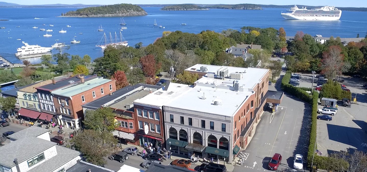A drone landscape view of Bar Harbor.